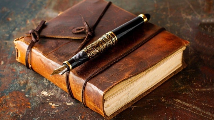 Displayed on a rustic table is a charming, antique leather-bound journal, its weathered appearance suggesting many stories held within. Resting atop the journal is an elegantly designed fountain pen, likely used to document countless thoughts and tales. This setting evokes a sense of history and the timeless art of handwriting, inviting the viewer to ponder the narratives that have been penned on its pages and the hands that have held the pen.