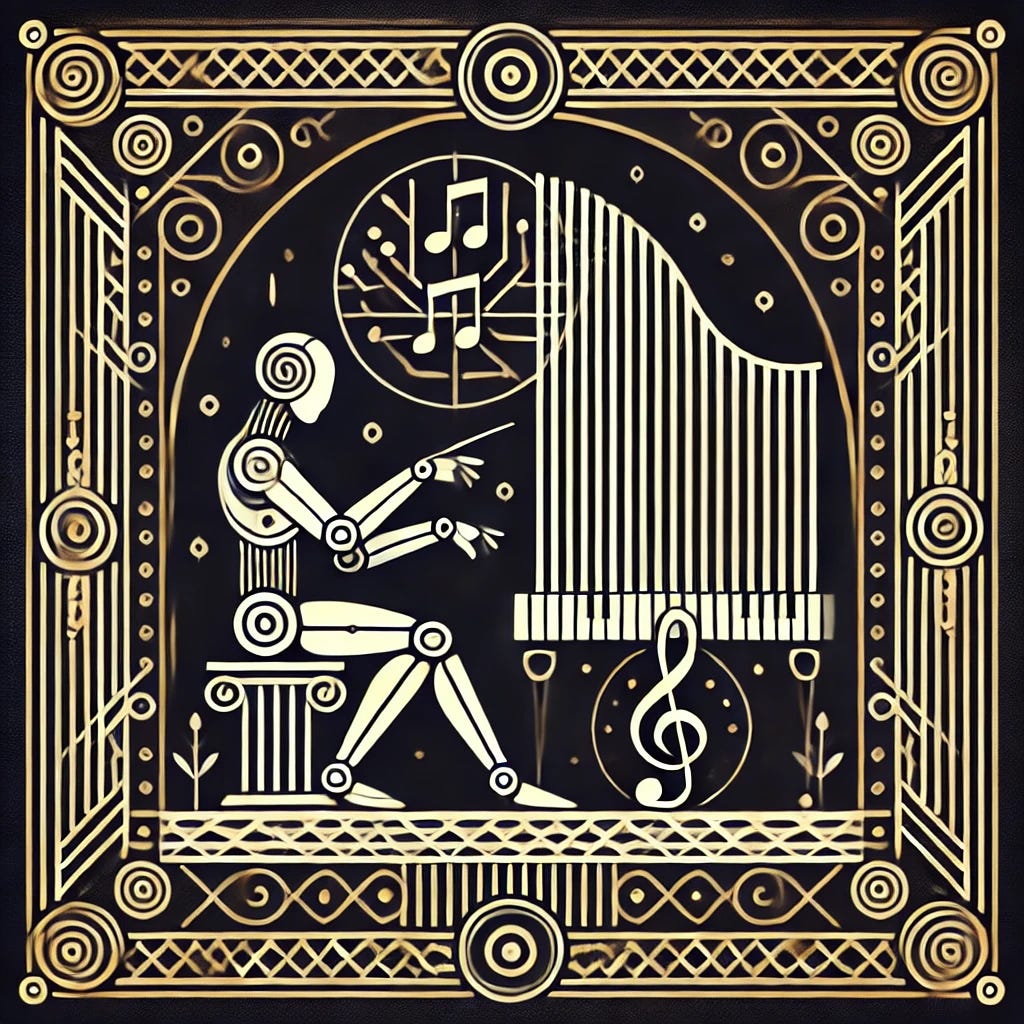 A minimalist and artistic interpretation of an AI creating music, constrained to three colors (black, white, and gold). The design combines classical art elements like ornate patterns and Greco-Roman motifs with futuristic themes, such as sleek, geometric shapes and glowing circuits. A robotic figure with a humanoid silhouette is seated at an abstract piano or harp made of glowing lines, with music notes depicted as binary code flowing in an elegant, classical style. The scene is framed with simple, symmetrical patterns blending neoclassical and futuristic aesthetics.