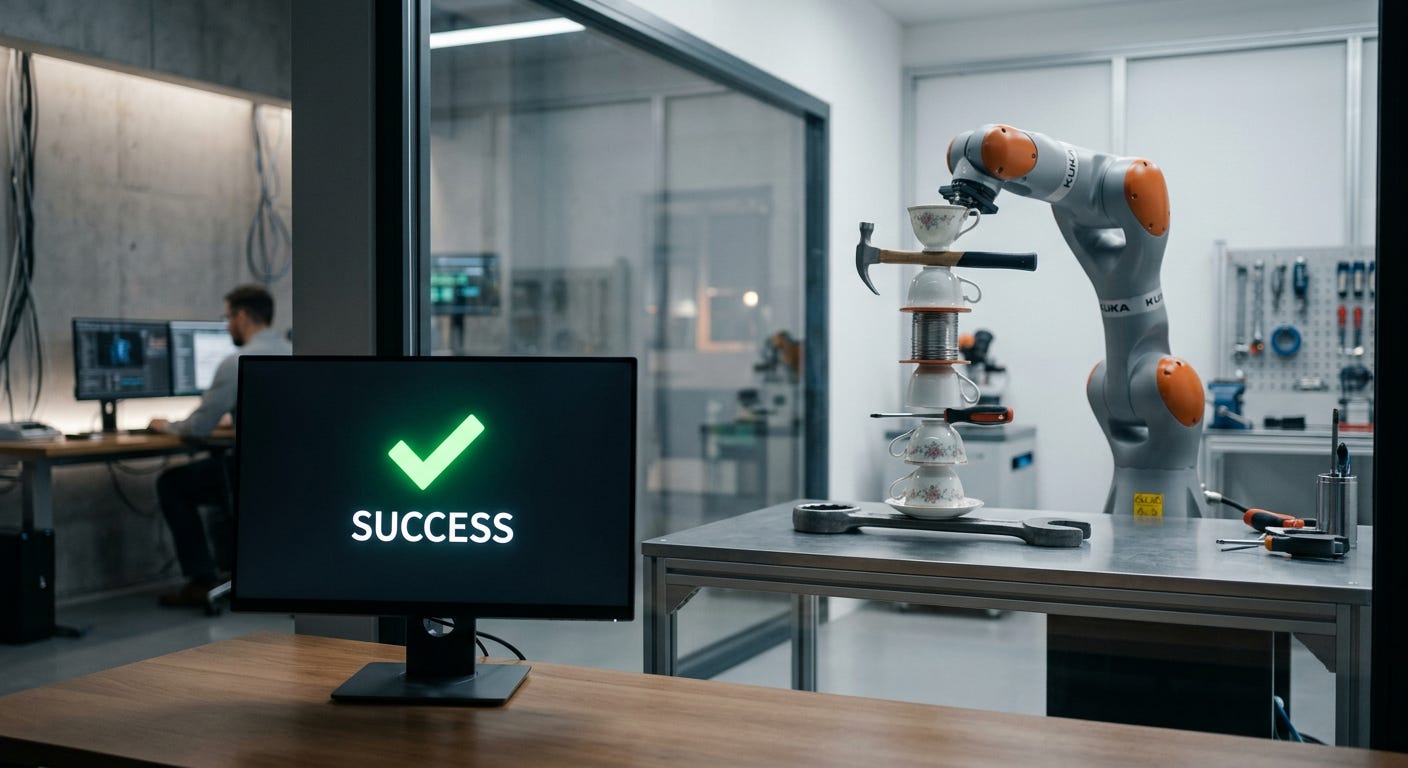 Robotic arm completes an unstable task while a monitor displays a success checkmark. Robotic arm completes an unstable task while a monitor displays a success checkmark.
