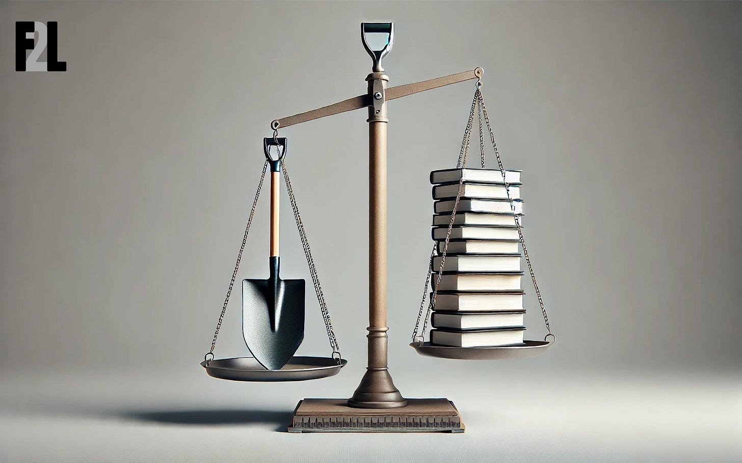 image of scales with shovel on one side outweigh books on the other