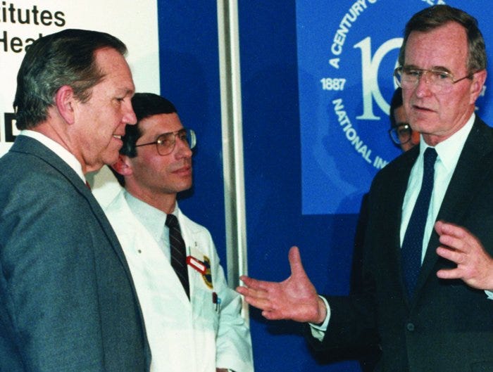 Vice President George H.W. Bush visits the NIH in April 1987 and discuss...