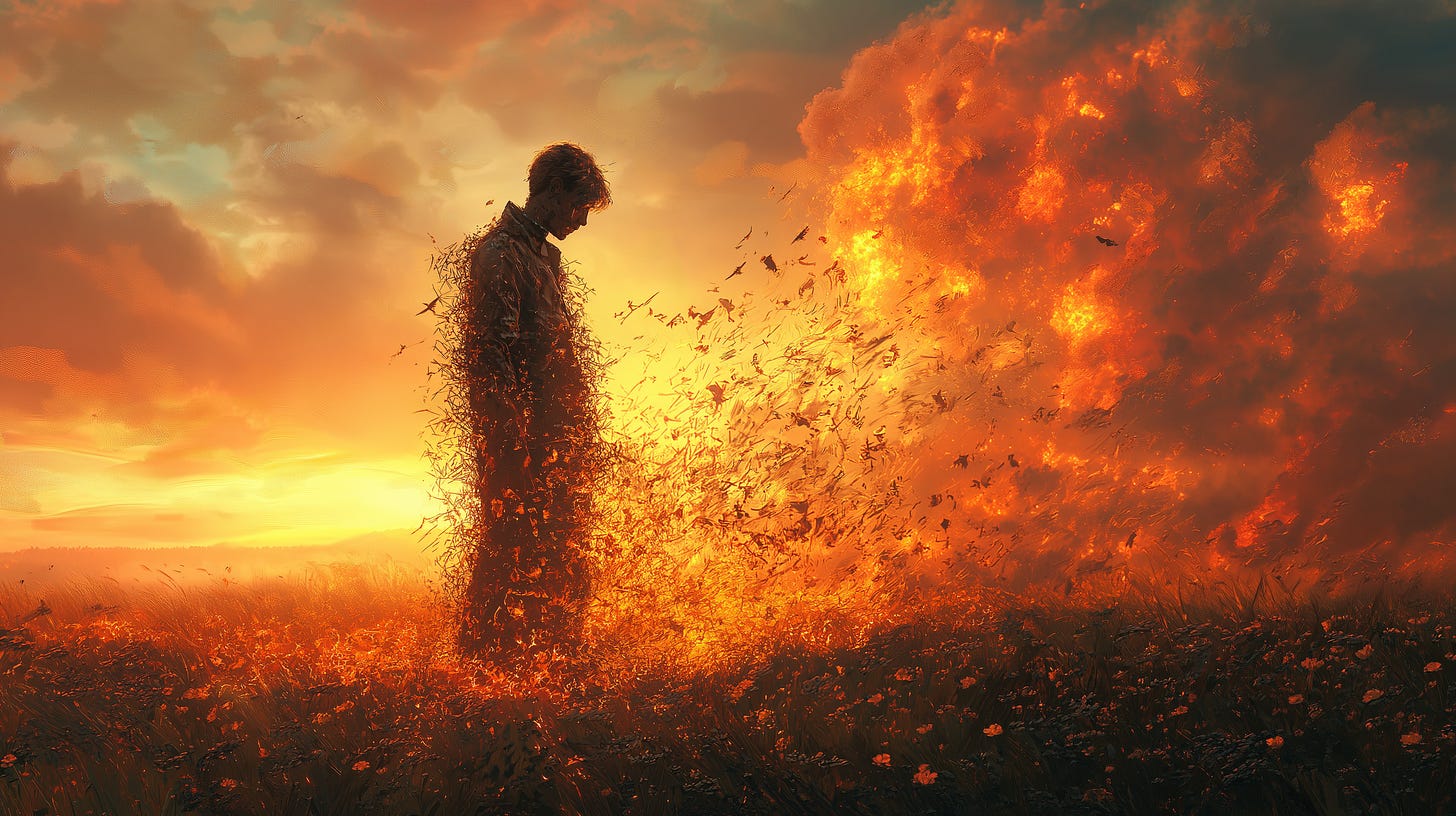 Surreal digital artwork of a man dissolving into fiery leaves in a sunset field, symbolizing transformation and loss against a dramatic, glowing orange sky.