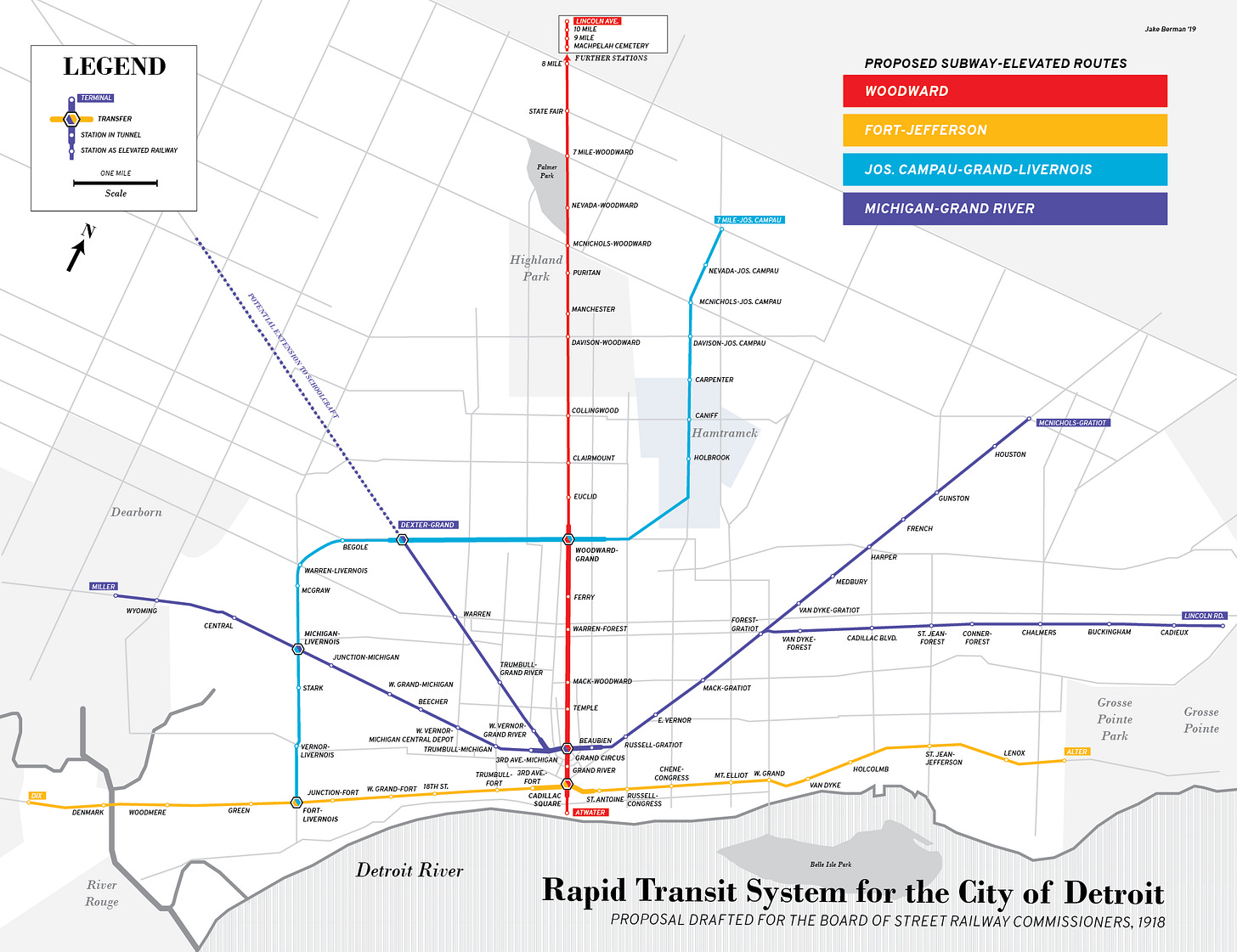 r/TransitDiagrams - Proposed subway system for Detroit, 1918. This proposal failed by one vote at the city council. [oc]