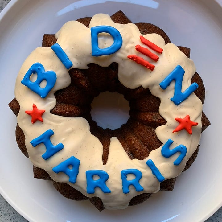 Two photos of bundt cakes decorated with the Biden Harris campaign logo.