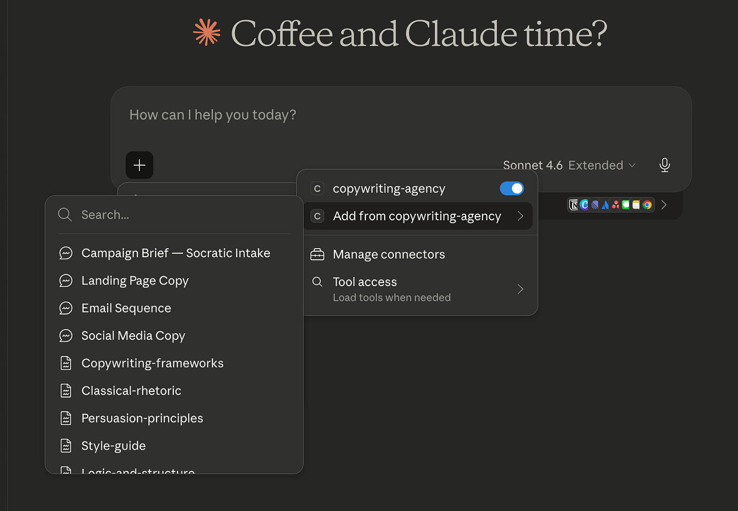 Screenshot of Claude Desktop with the copywriting_agency MCP server embedded