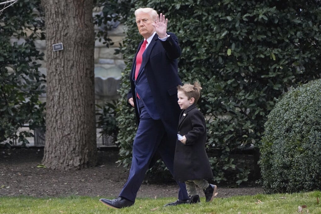 President Donald Trump walks with Elon Musk's son X Æ A-Xii on the South Lawn of the White House, Friday, March 14, 2025, in Washington before they depart on Marine One. (AP Photo/Alex Brandon) President Donald Trump walks with Elon Musk's son X Æ A-Xii on the South Lawn of the White House, Friday, March 14, 2025, in Washington before they depart on Marine One. (AP Photo/Alex Brandon)