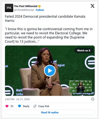 The image shows a screenshot of a tweet by a user, presumably Kamala Harris, where she discusses the need to revisit the Electoral College and expand the Supreme Court. AI-generated content may be incorrect.