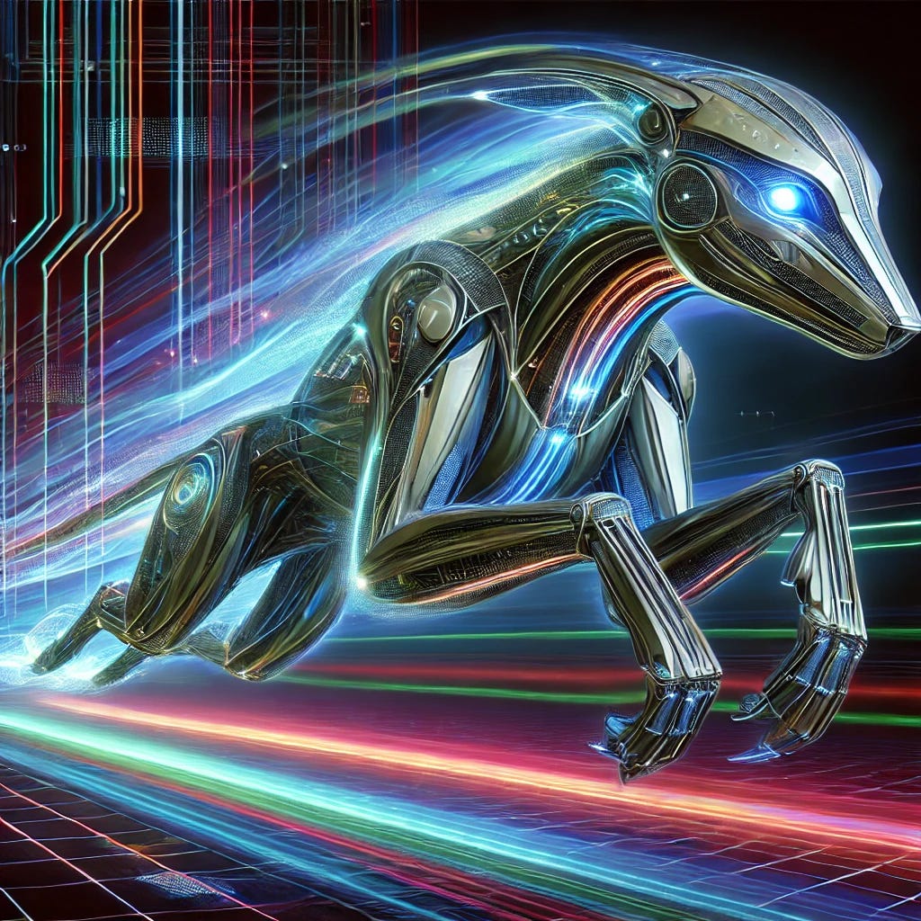 A futuristic and AI-inspired conceptual representation of an animal embodying speed, precision, and efficiency. The creature is less animal-like and more robotic, with a metallic, angular design and glowing neon lines resembling circuits, symbolizing rapid data processing and attention flow. Its form is sleek and aerodynamic, with abstract, holographic elements blending into its structure, creating a seamless fusion of AI and nature. Its eyes emit intense, laser-like beams, emphasizing focus and intelligence. The environment is a digital, high-tech realm filled with swirling data streams, holographic grids, and vibrant light trails, emphasizing cutting-edge technology and optimization.