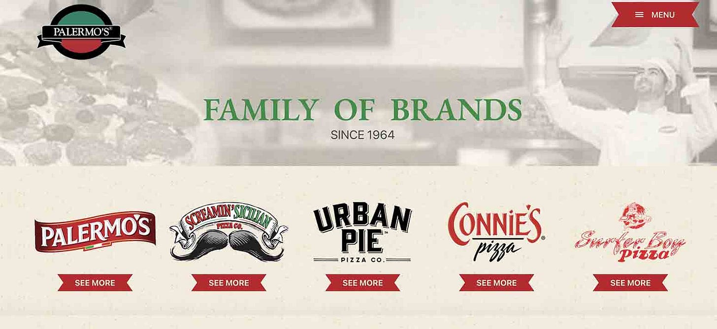 Screenshot fro Palermo's site: FAMILY OF BRANDS - PALERMO'S - SCREAMIN' SICILIAN - URBAN PIE - CONNIE'S PIZZA - SURFER BOY