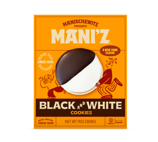 Four images from the Manischewitz rebrand. The first is a person holding a tote bag that says "Schlep" as well as "Manischewitz – great taste runs in the family since 1888." It has a bunch of people running and holding various Manischewitz products including matzah, matzah ball soup, and latkes. The second is a box of Matzo, featuring an orange label and a cartoon person putting matzo in a wood burning oven. The label says "Perfect for Passover Matzos." The next picture is of egg noodles, also with an orange label. And the final picture is of an orange box of black and white cookies, featuring two cartoon people lifting a cookie that is bigger than them. The brand label says "Manischewitz presents Mani'z" which... I guess they're trying to make that a thing? It says "made for noshing" which is gimicky but let's be real, very cute.