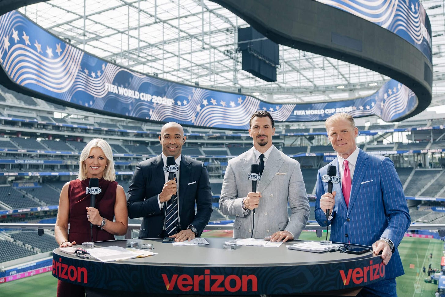 TV presenter Rebecca Lowe and pundits Thierry Henry, Zlatan Ibrahimovic and Alexi Lalas line up behind a desk