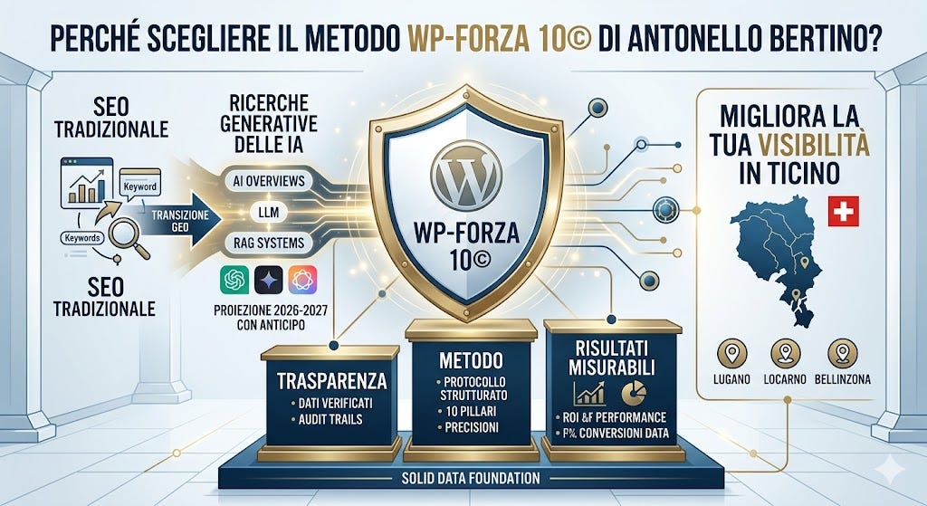Infografica strategica intitolata 'Perché scegliere il Metodo WP-Forza 10® di Antonello Bertino?'. L'immagine mostra centralmente lo scudo 'WP-FORZA 10®' su una 'Solid Data Foundation', illustrando il flusso dalla 'SEO Tradizionale' (Keyword, Audit) alla 'Transizione GEO' per le 'Ricerche Generative delle IA' (AI Overviews, LLM, RAG Systems) con proiezioni 2026-2027 per ChatGPT, Gemini e Claude. A destra, una mappa del Canton Ticino con bandiera svizzera e focus sulla visibilità locale a Lugano, Locarno e Bellinzona. In basso, i tre pilastri del protocollo: Trasparenza (Dati verificati, Audit Trails), Metodo (Protocollo strutturato, 10 Pillari, Precisioni) e Risultati Misurabili (ROI & Performance, % Conversioni Data).