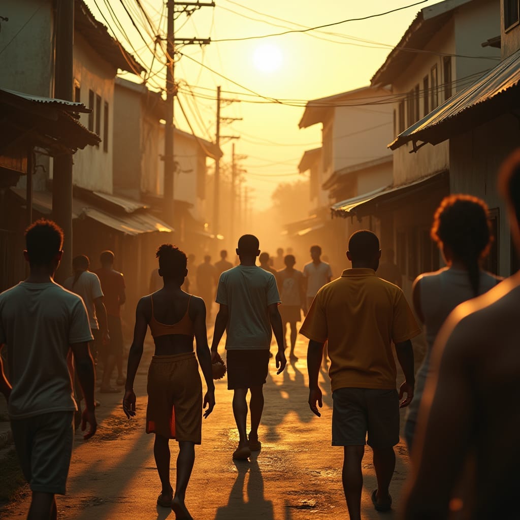Vibrant Jamaican community in a lively ghetto, bathed in warm, golden light, with deep shadows and rich textures Vibrant Jamaican community in a lively ghetto, bathed in warm, golden light, with deep shadows and rich textures