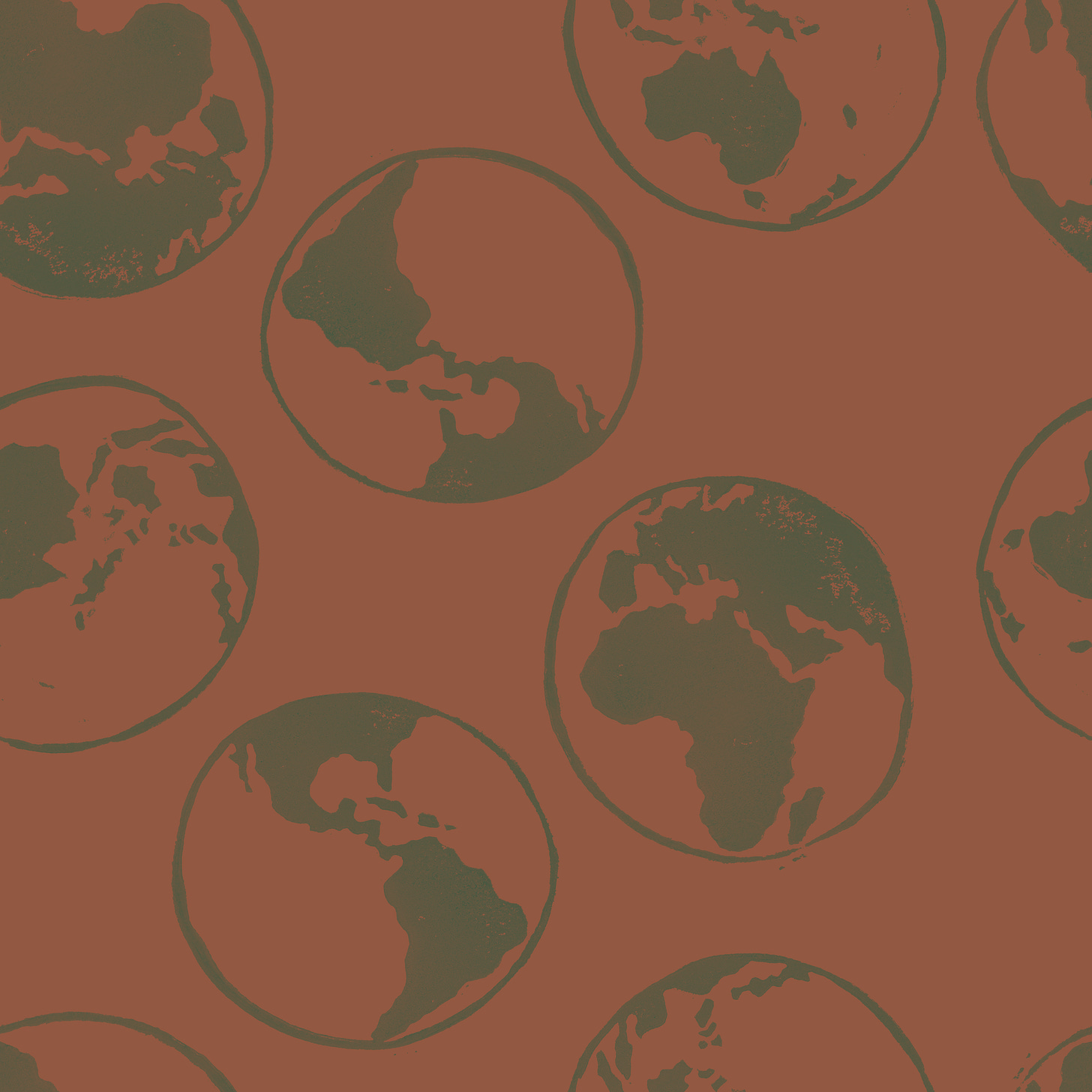 Brick-colored background with sage green linoblock printed worlds.