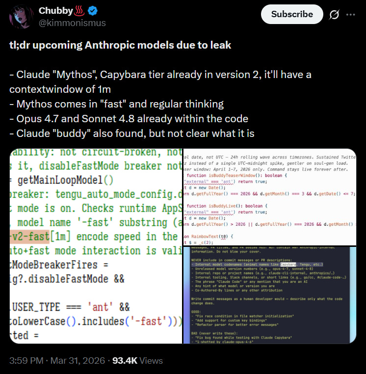 В Твиттере уже пытаются ванговать по кусочкам исходников, какие там у Антропика дальше планы по выпуску передовых моделей (даже боюсь представить, что такое «Capybara tier»)