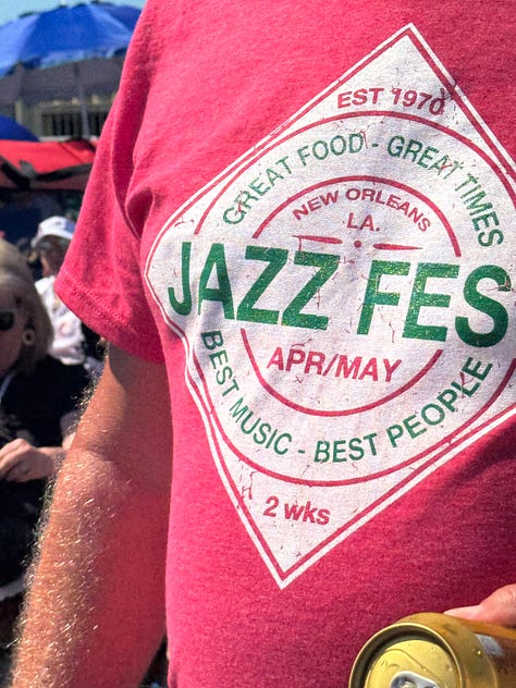 Photos of food-themed clothing worn at the New Orleans Jazz Festival 2025