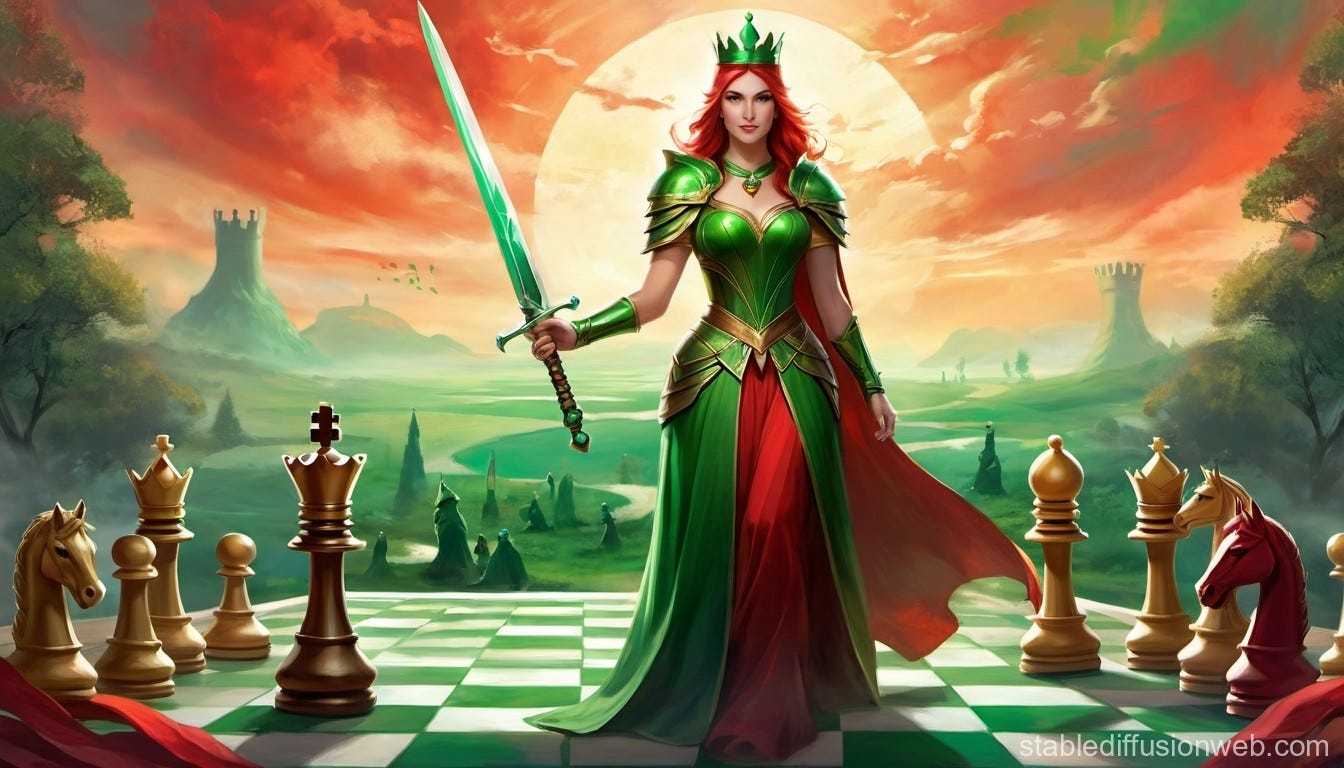 green and red queen on chess board holding a sword, kingdom in the background green and red queen on chess board holding a sword, kingdom in the background