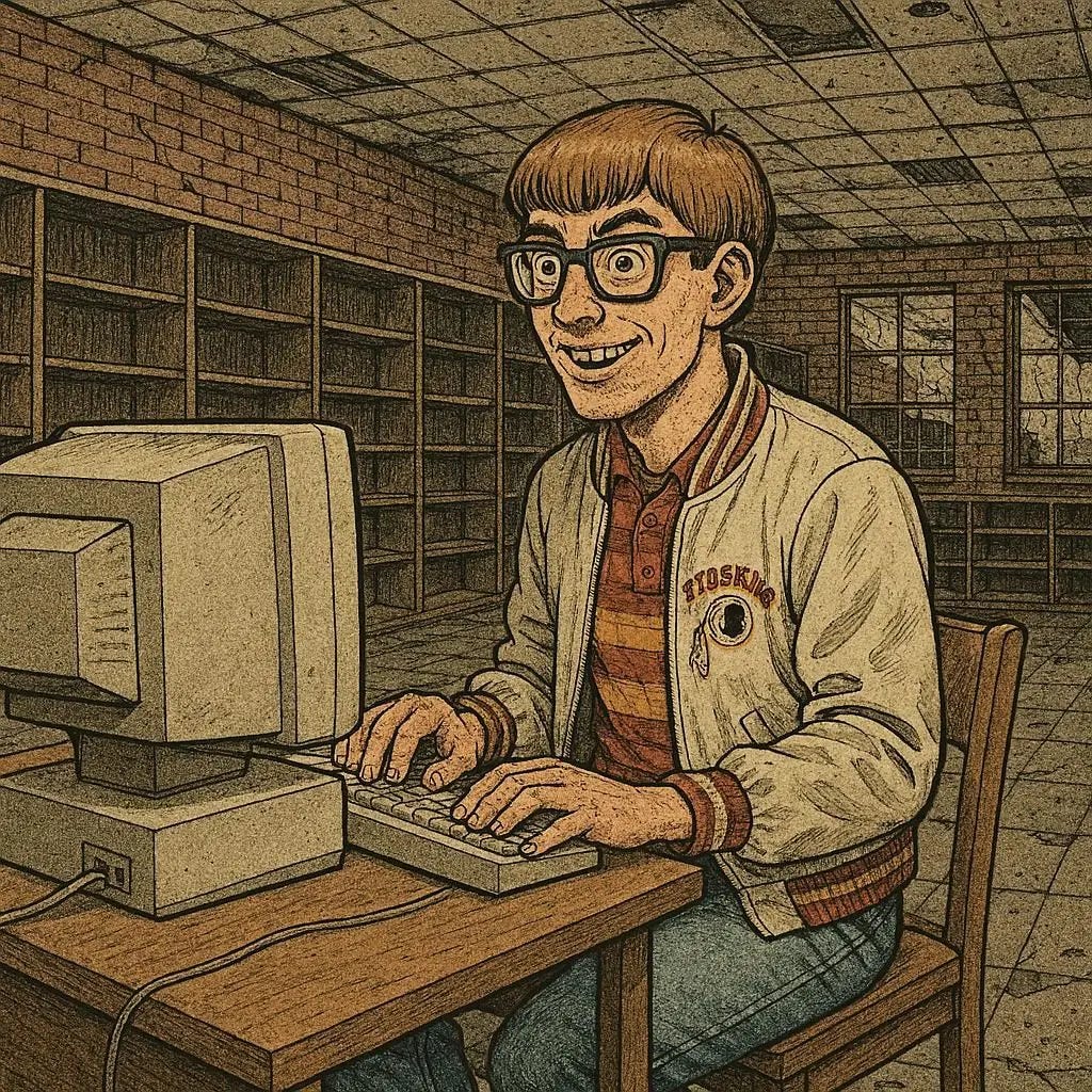drawing. caucasian nerd with CRT computer in an abandoned elementary school library. 2000s fashion. empty bookshelves and brick walls. 1960s sci-fi drawing.