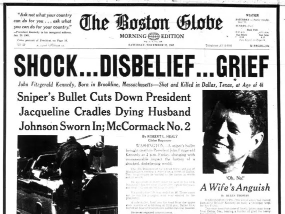 Front page of The Boston Globe, November 23, 1963 — Kennedy’s hometown paper mourning the death of its native son.