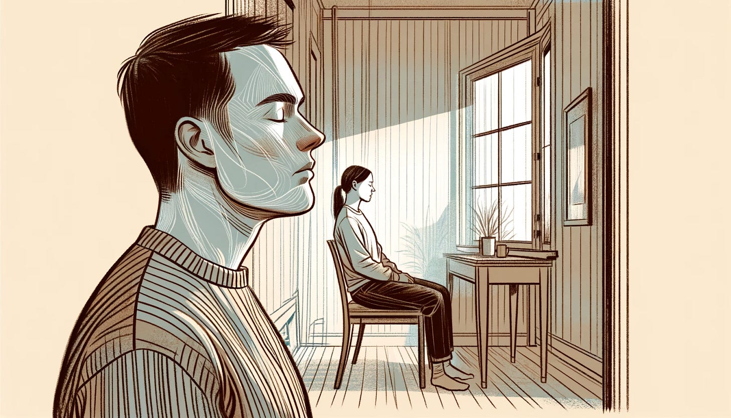 A landscape-oriented illustration in the same art style as the provided reference, with soft lines, muted colors, and a hand-drawn feel, set indoors. The image depicts a man and a woman with ambiguous ethnic features, each in their own space within a home environment, trying to take deep breaths and regulate their emotions. The man might be sitting on a chair or leaning against a wall, eyes closed, taking a deep breath. The woman could be in a different part of the room, standing by a window or sitting at a table, also focusing on her breathing. The overall atmosphere is one of calm and tranquility, with a focus on self-soothing and emotional regulation.