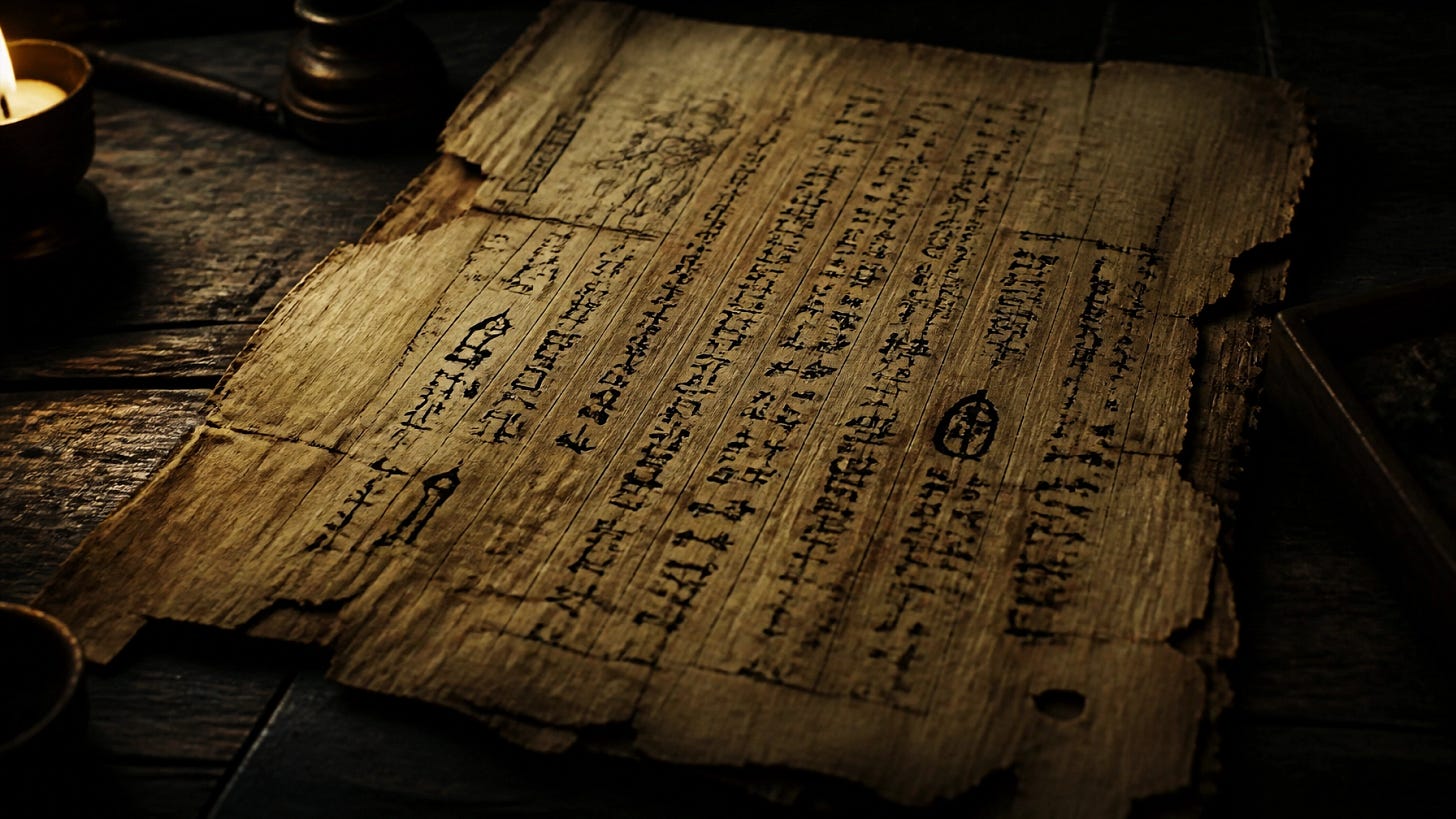 Ancient papyrus scroll on a dark wooden table illuminated by a candle Ancient papyrus scroll on a dark wooden table illuminated by a candle