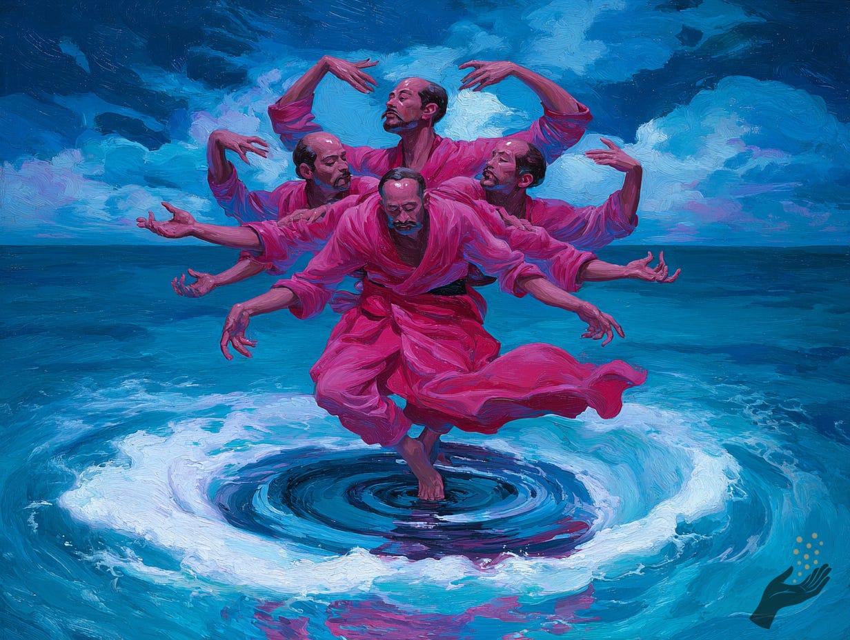 A group of repeated figures in bright pink robes balances above a dark whirlpool in blue water, with multiple heads and arms extending outward in a dance-like formation.
