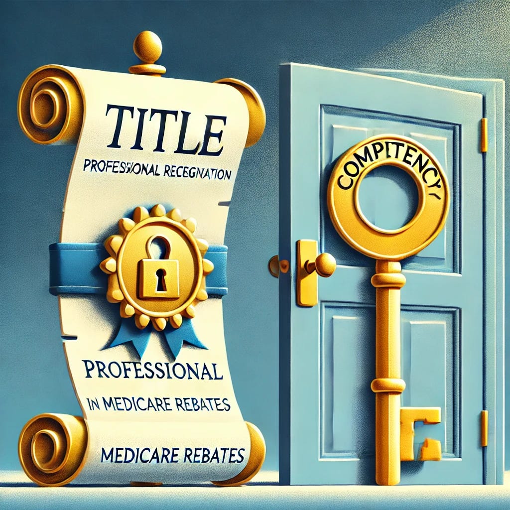 A symbolic illustration showing a golden scroll labeled 'TITLE' on one side, and a large key labeled 'COMPETENCY' on the other. The scroll is visually impressive but does not fit the locked door in the background, while the key clearly fits. The door represents professional recognition or Medicare rebates. The scene is metaphorical and clean, using healthcare-themed colours (blue, white, gold). The style is minimalistic and modern, suitable for a blog about professional credentialing in physiotherapy.