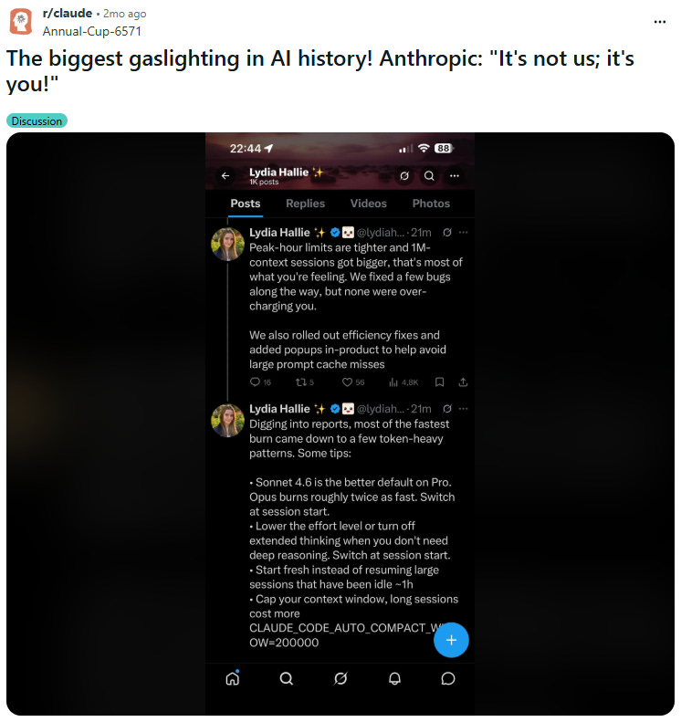 Reddit post titled "The biggest gaslighting in AI history! Anthropic: It's not us; it's you!" with embedded Lydia Hallie posts about tighter peak-hour limits and token-saving tips for Claude users