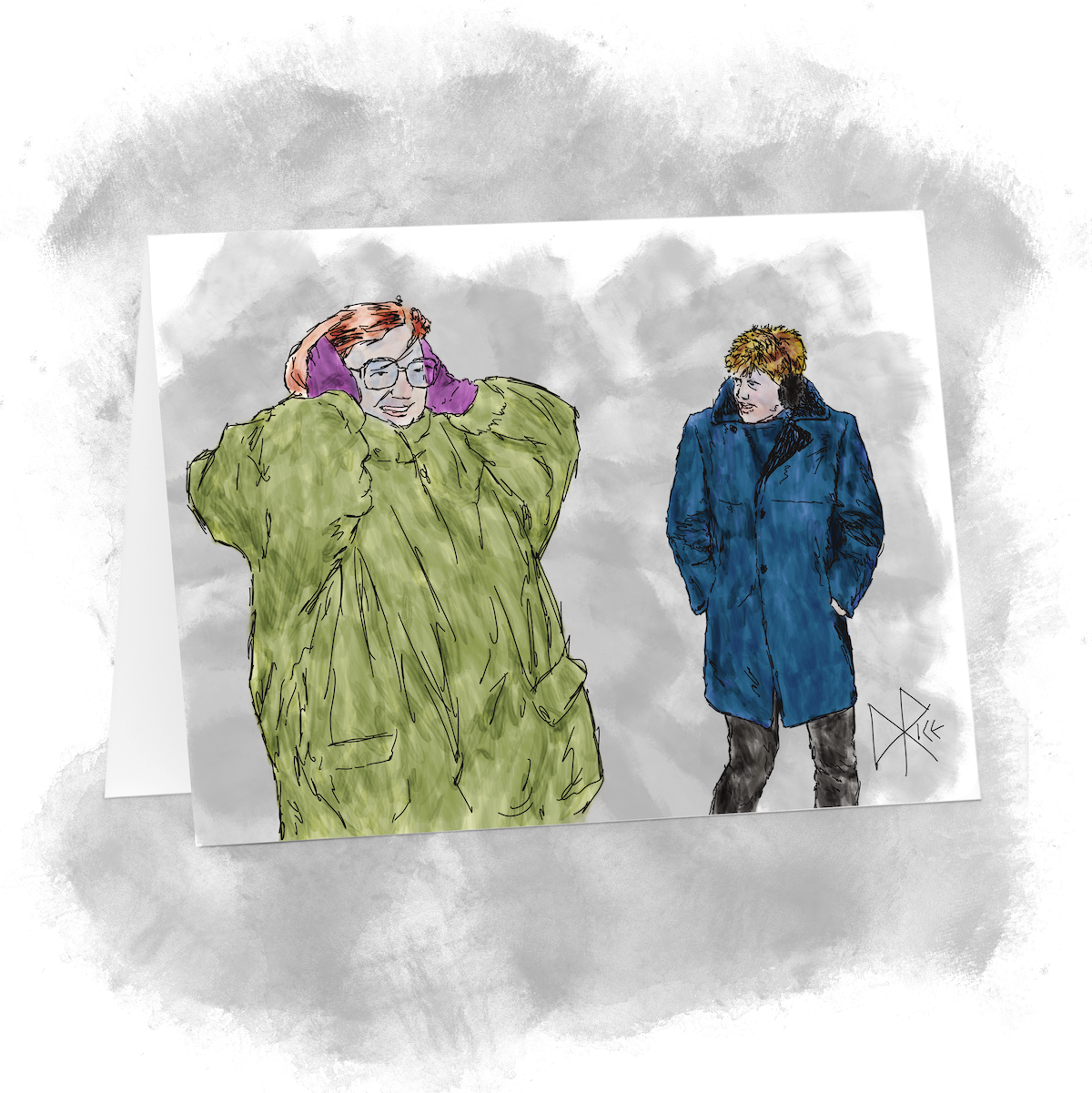 wo people out in the depths of winter, not quite dressed appropriately. Sketch art by Don Rice. wo people out in the depths of winter, not quite dressed appropriately. Sketch art by Don Rice.