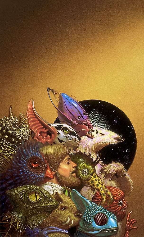 A group of aliens surround a bearded human as they strike a pose for a group photo. The aliens resemble Earth animals ranging from lizards, birds, and fish to more wildly imagined creatures. A group of aliens surround a bearded human as they strike a pose for a group photo. The aliens resemble Earth animals ranging from lizards, birds, and fish to more wildly imagined creatures.