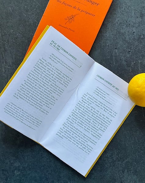 Three images of two different paper pamphlets coloured yellow and orange, with recipes and articles about lemons and orange blossom
