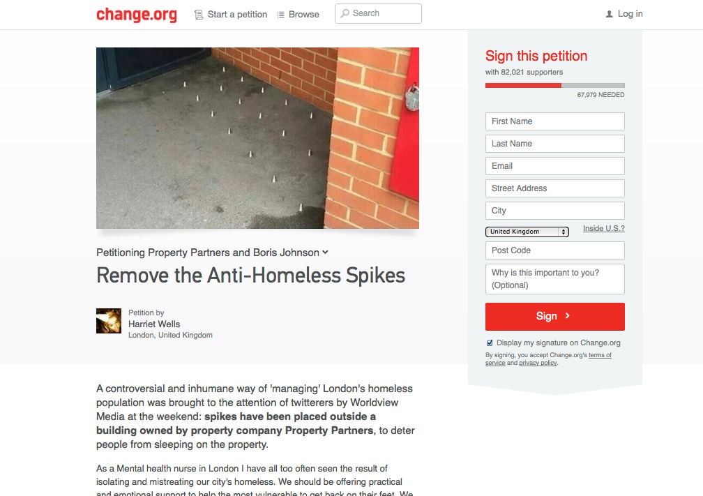 Image showing Change.org anti homeless spikes petition Image showing Change.org anti homeless spikes petition