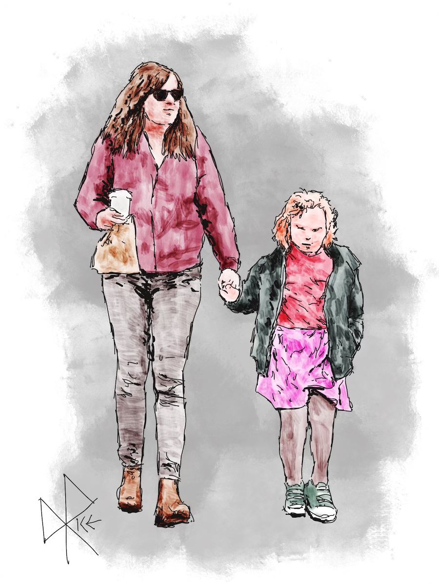 A woman and a young girl walking while holding hands. The girl is wearing a pink skirt, and the woman is wearing a pink sweater and holding a take-out coffee and bagged food. Sketch art by Don Rice. A woman and a young girl walking while holding hands. The girl is wearing a pink skirt, and the woman is wearing a pink sweater and holding a take-out coffee and bagged food. Sketch art by Don Rice.