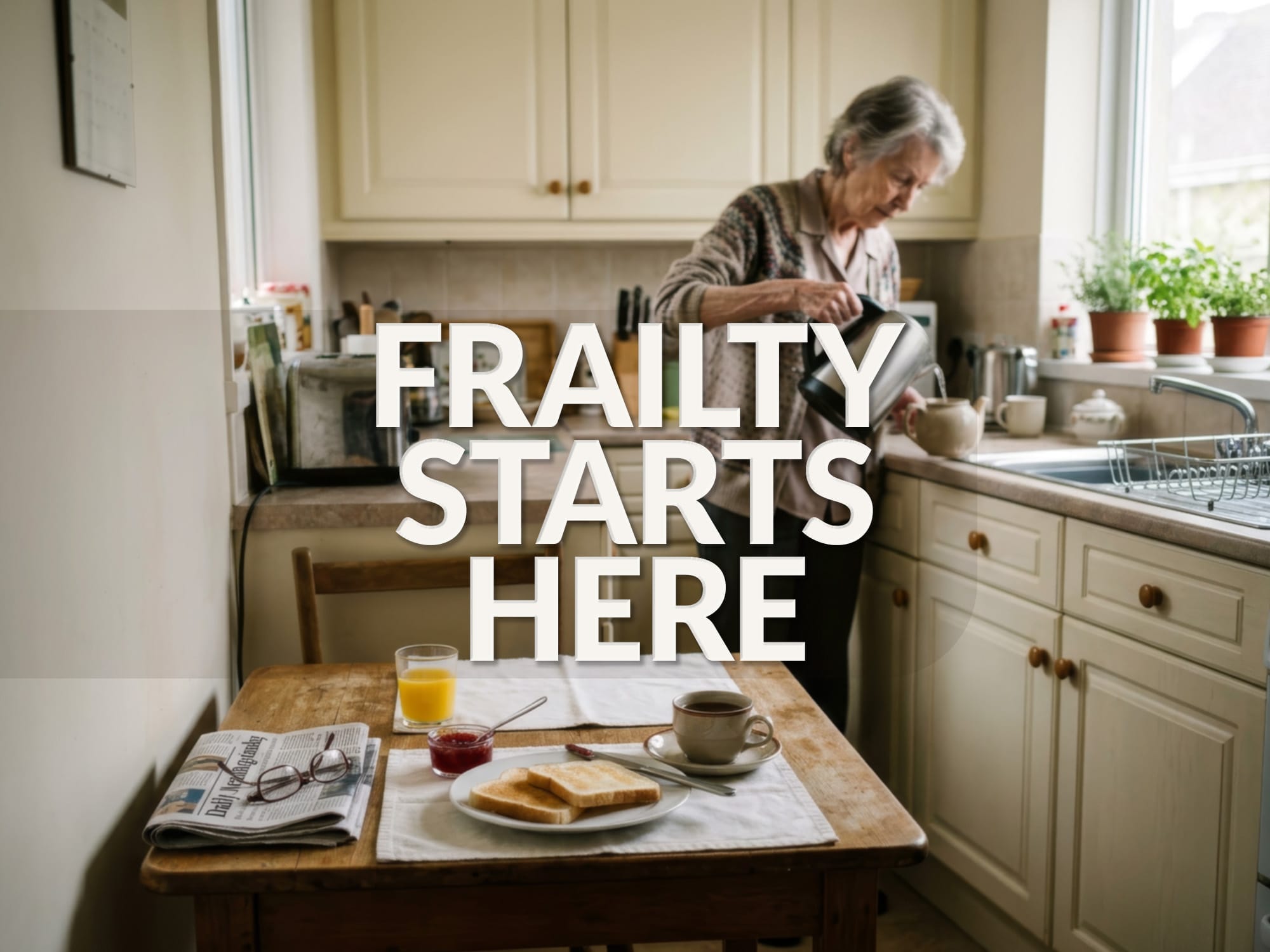 A kitchen table is set with a simple breakfast of tea, toast and juice. In the background a frail older lady makes tea. A kitchen table is set with a simple breakfast of tea, toast and juice. In the background a frail older lady makes tea.
