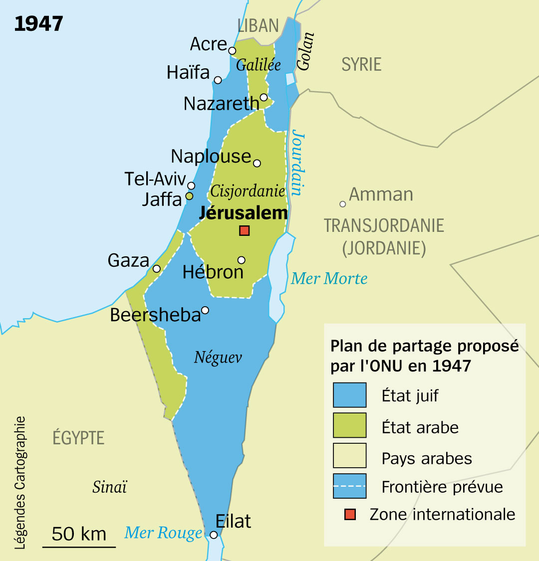 Plan de partage de la Palestine proposé par l'Onu en 1947, accepté par les représentants juifs et refusé par les représentants arabes Plan de partage de la Palestine proposé par l'Onu en 1947, accepté par les représentants juifs et refusé par les représentants arabes
