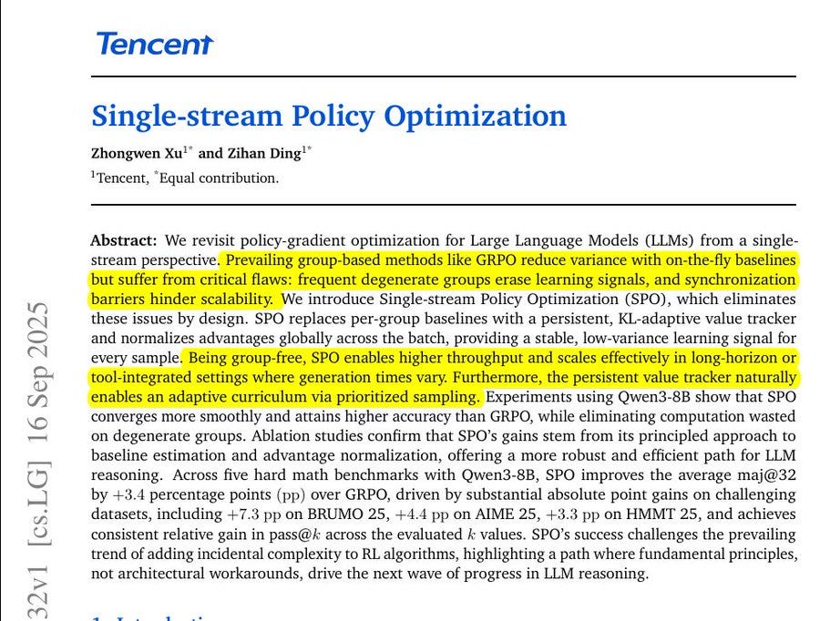 Tencent logo in black text on a white background. The text "Tencent" is prominently displayed at the top, followed by "Single-stream Policy Optimization" in smaller text below. Additional text includes "Zhongwen Xu" and "Zihan Ding".