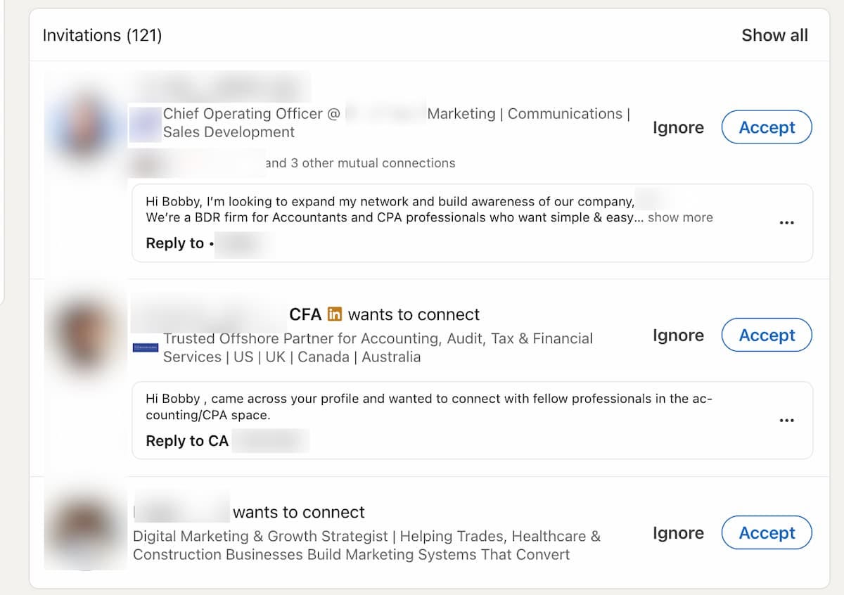 LinkedIn invitations queue showing 121 pending requests. The three most recent are vendors pitching client acquisition to accounting firms: a BDR firm, an offshore accounting partner, and a digital marketing strategist. LinkedIn invitations queue showing 121 pending requests. The three most recent are vendors pitching client acquisition to accounting firms: a BDR firm, an offshore accounting partner, and a digital marketing strategist.