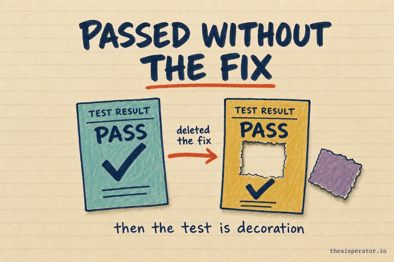 Sketchnote title card lettered PASSED WITHOUT THE FIX. Two test result cards side by side, both marked PASS, the right one with a square torn out of its middle and the torn patch lying beside it. A rust arrow between them reads deleted the fix.