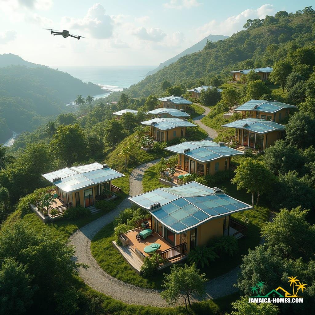 Aerial view of a futuristic Jamaican hillside community in St. Ann, 2040. Cluster of small, smart modular homes with solar glass roofs, green terraces, and vertical gardens. Winding streets with electric micro-vehicles, drones flying overhead delivering goods, communal gardens, and shaded walkways. Homes incorporate colorful Jamaican accents and sustainable local materials. Surrounding tropical hills and distant ocean visible, bright tropical sunlight, ultra-realistic textures, cinematic perspective, high-detail aerial rendering, showing community layout and environmental harmony.