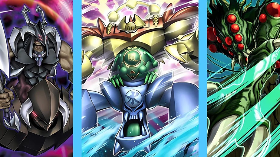 Three armored anime-style characters, each in a separate panel. Bold colors, dynamic poses. Central figure has a green orb chest detail.