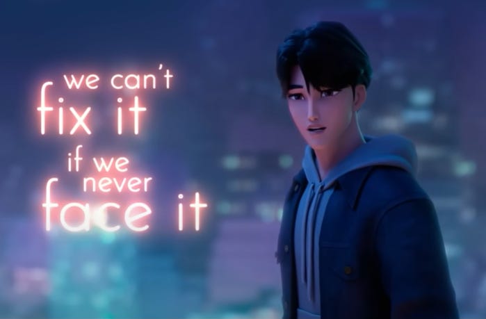 Still from Kpop Demon Hunters' song clip: Jinu singing in front of a blurry backdrop, with the words "we can't fix it if we never face it" next to him