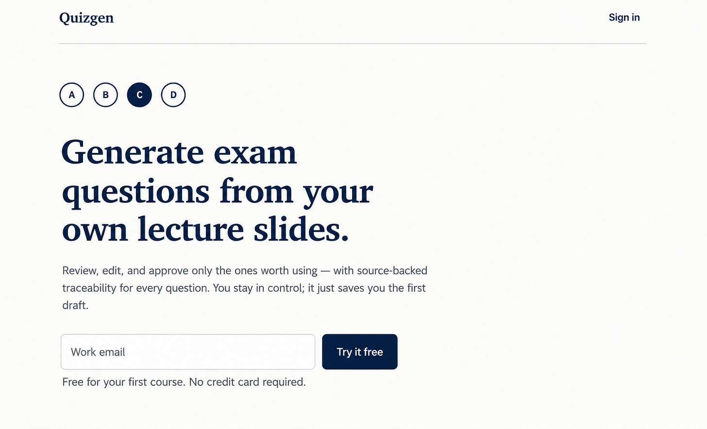 Quizgen landing page inviting professors to generate exam questions from their own lecture slides