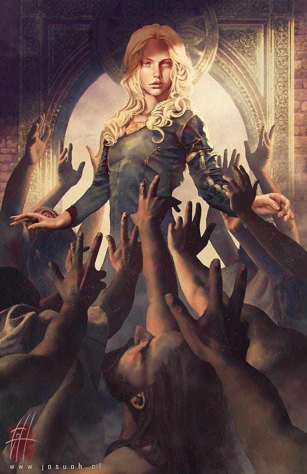 A blonde woman stands confidently as hands reach towards her. The arch behind her adds a regal feel. Subtle text and intricate patterns in view. A blonde woman stands confidently as hands reach towards her. The arch behind her adds a regal feel. Subtle text and intricate patterns in view.