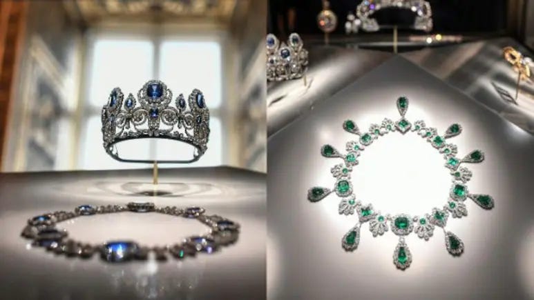 JEwels including diamond and sapphire crowns, necklaces from teh louvre heist
