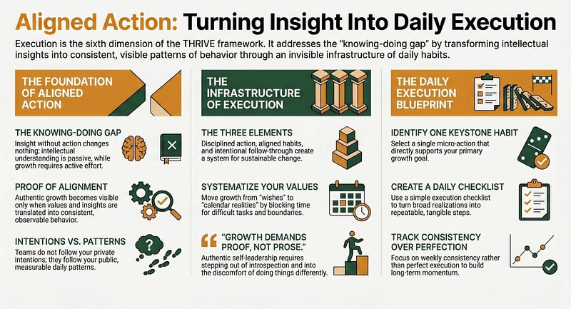 Infographic titled “Execution — Aligned Action” that outlines the sixth dimension of the THRIVE framework. It shows that real growth means closing the “knowing-doing gap” by turning insights into consistent behaviour through disciplined action, aligned habits, and intentional follow-through. Visual sections include practical steps for building keystone habits and daily checklists to track consistency.