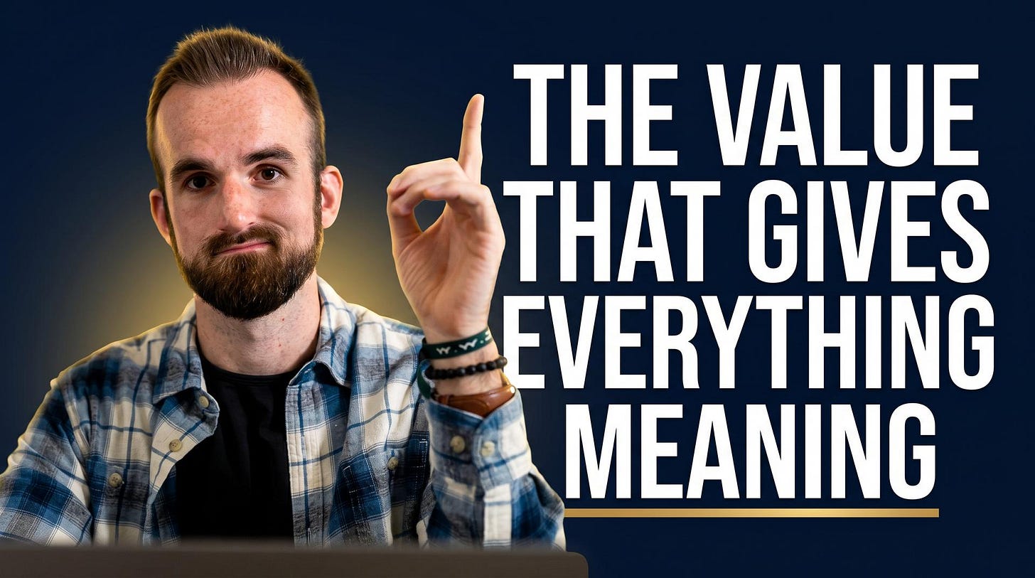 This image is a promotional graphic featuring a man with a beard and plaid shirt pointing upwards. Large white text on a dark blue background reads "THE VALUE THAT GIVES EVERYTHING MEANING," with a gold line underneath. This image is a promotional graphic featuring a man with a beard and plaid shirt pointing upwards. Large white text on a dark blue background reads "THE VALUE THAT GIVES EVERYTHING MEANING," with a gold line underneath.