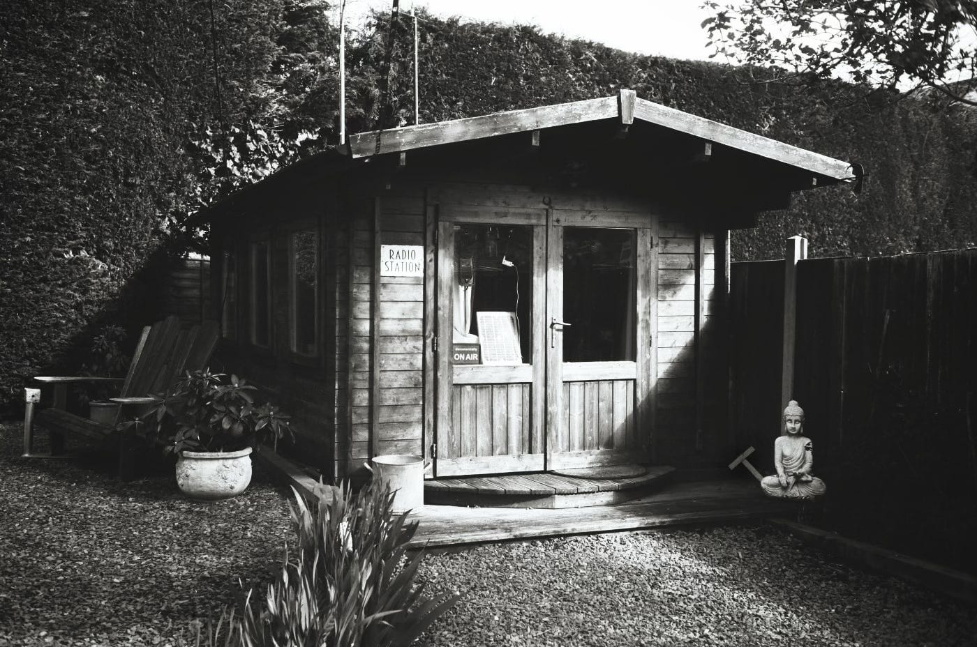 A black and white photo oof my shed