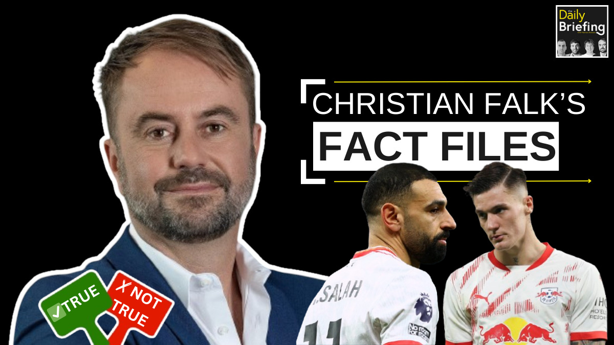 Christian Falk smiles next to Mo Salah and Benjamin Sesko. Christian Falk smiles next to Mo Salah and Benjamin Sesko.