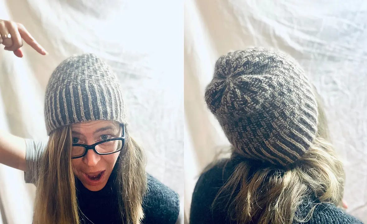 blond woman wearing knitted hat and black glasses