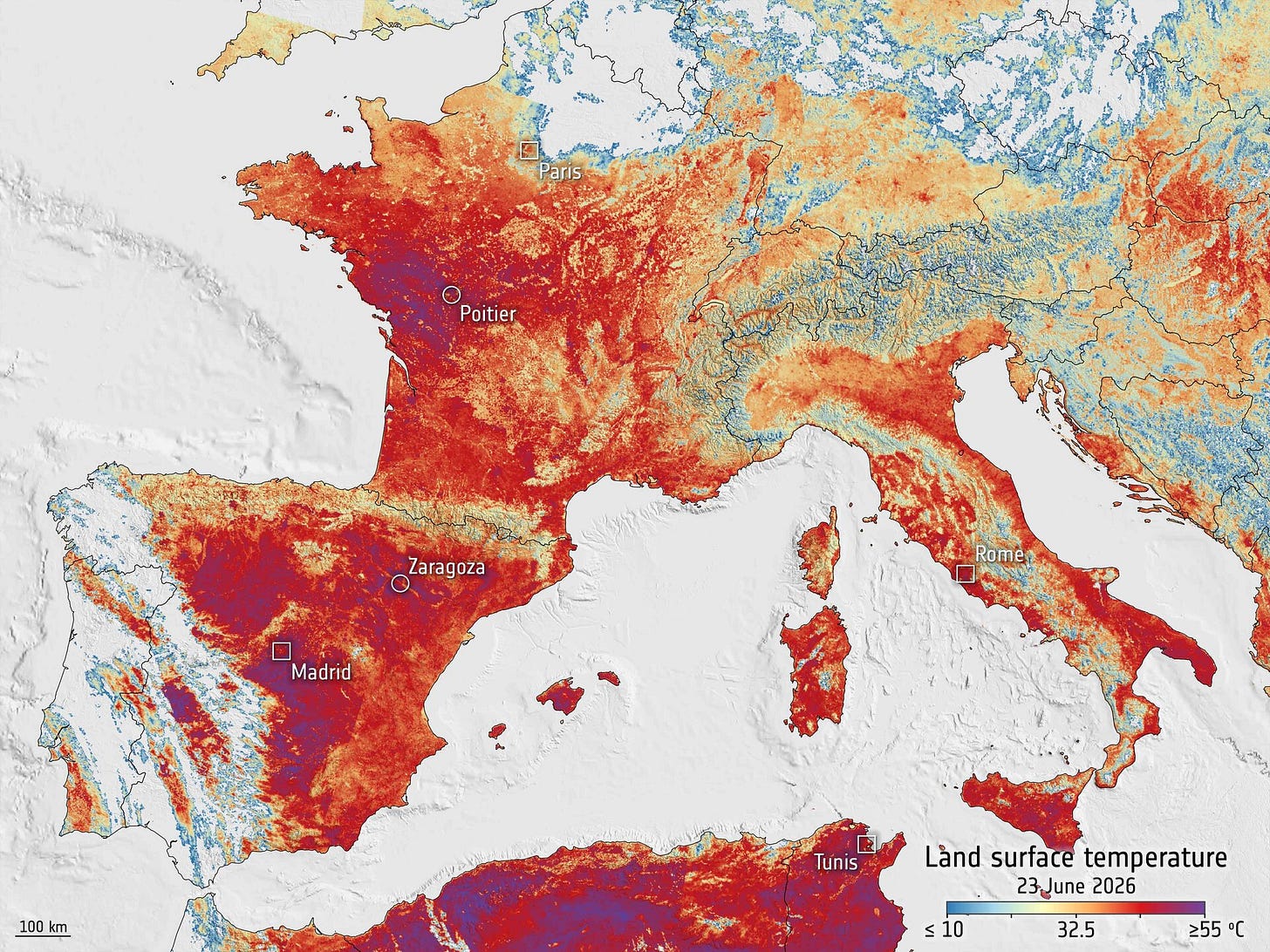 This image of land surface temperature was captured by the Copernicus Sentinel-3 mission on Wednesday, 23 June. 